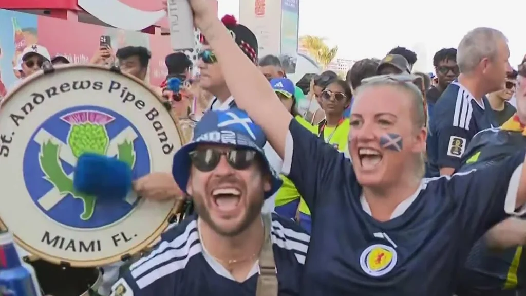 Scottish World Cup fans in South Florida celebrate the team's game in home turf