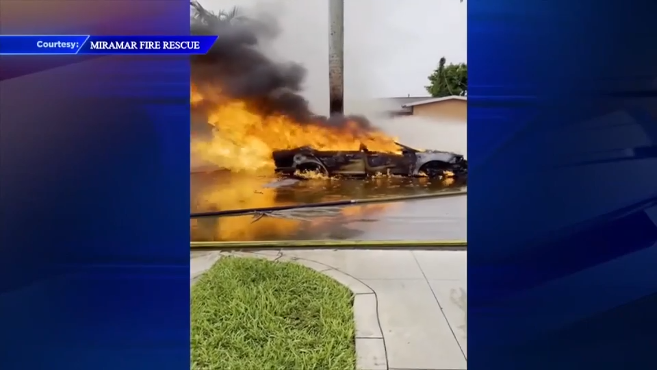 Lightning strike bursts underground gas line, igniting car fire in Miramar; no injuries reported