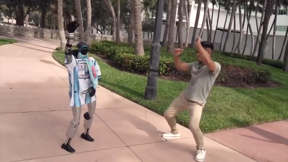 Deco’s Alex Miranda busts a move with Brickell’s famous viral clanker Rex