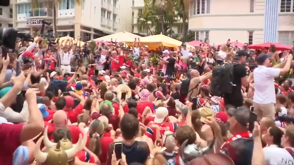 Norway fans bring famous Viking Row chant to Miami Beach ahead of England match