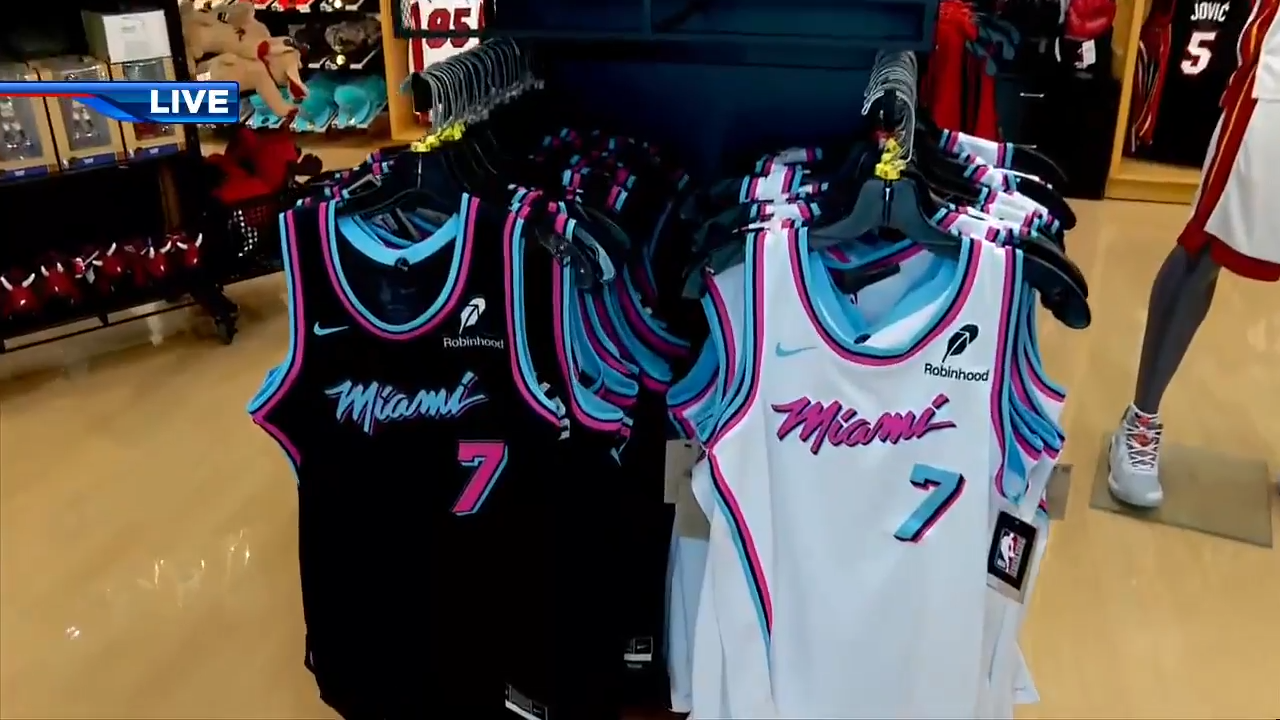 Fans getting their hands on new Miami Heat Giannis Antetokounmpo merch at Kaseya Center in Miami
